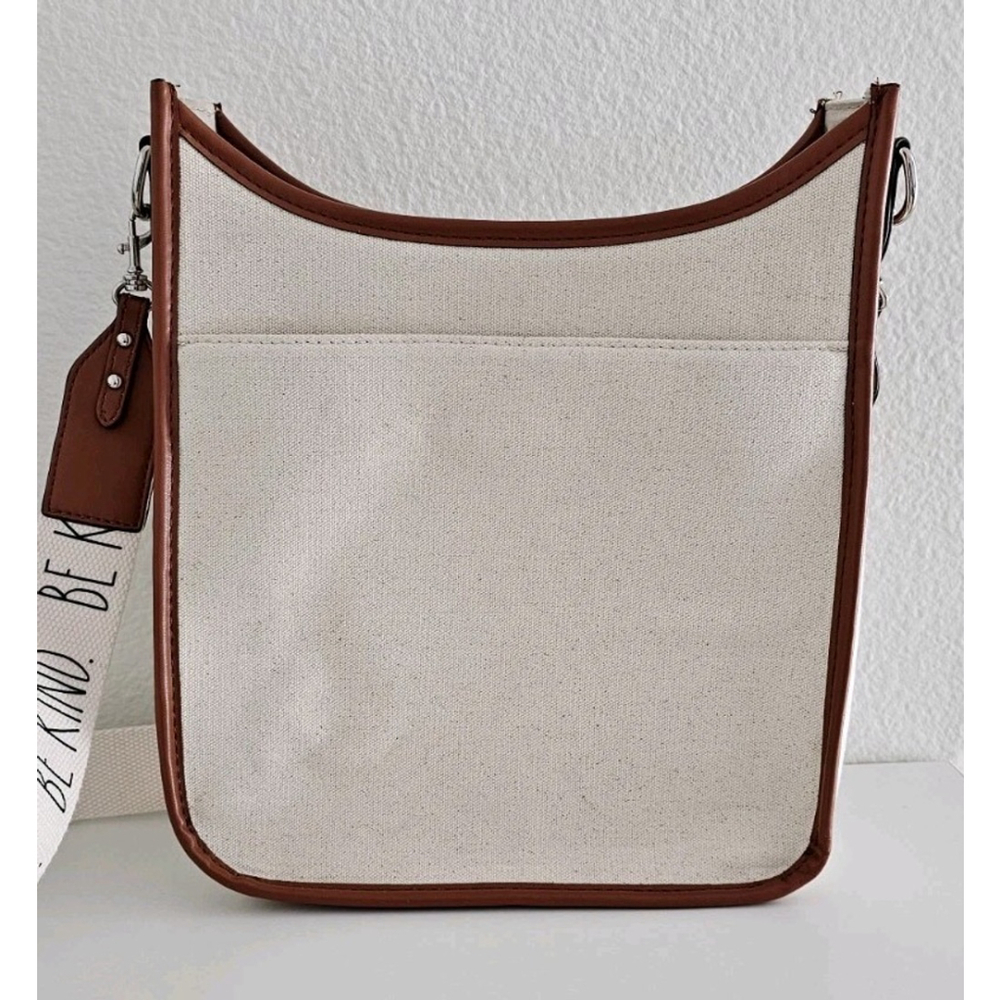 RAE DUNN BE KIND Shoulder Strap Satchel Tan Canvas Brown Leather - Very Clean - Picture 6 of 13